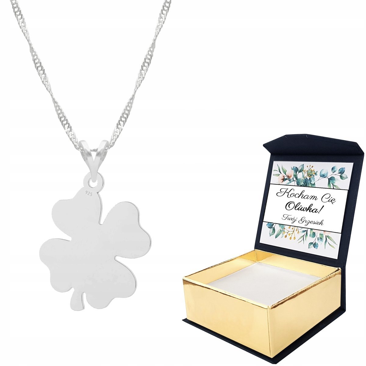 Naszyjnik srebrny Koniczynka Kwiat + WŁASNY NADRUK