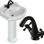 Umywalki - Umywalka z postumentem 60x54 cm retro ceramiczna, biała, z baterią retro czarna - miniaturka - grafika 1