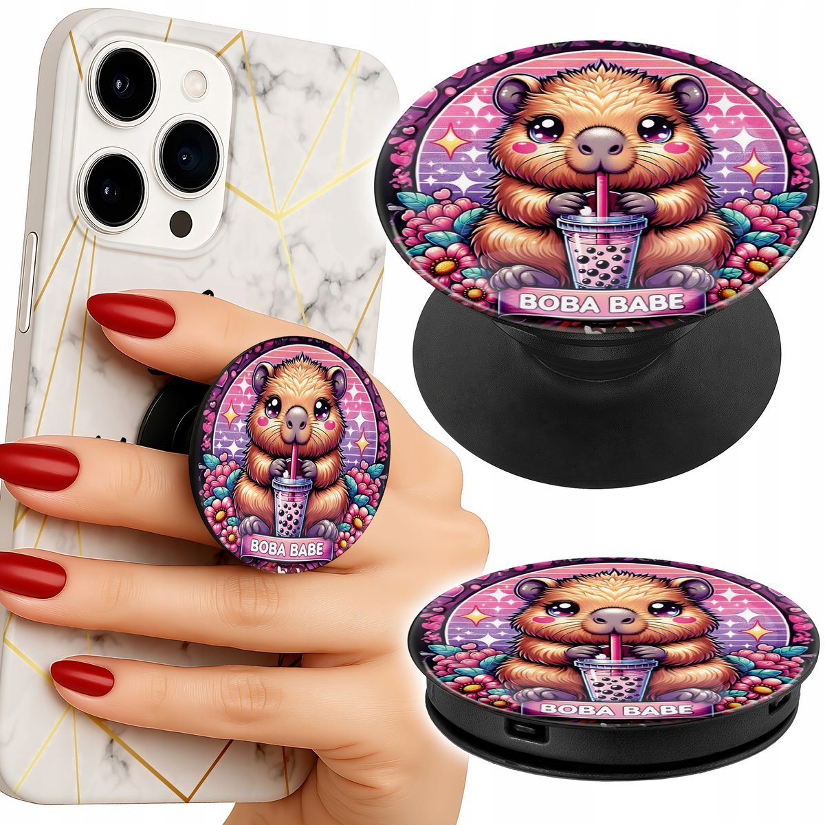 Uchwyt do telefonu Popsocket na palce/stojak SŁODKA KAPIBARA Z SZEJKIEM