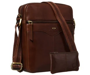 Torebka męska skórzana PETERSON mała miejska listonoszka saszetka na ramię kieszonki na telefon dokumenty brązowa modna na co dzień + etui na klucze - Torby męskie - miniaturka - grafika 1