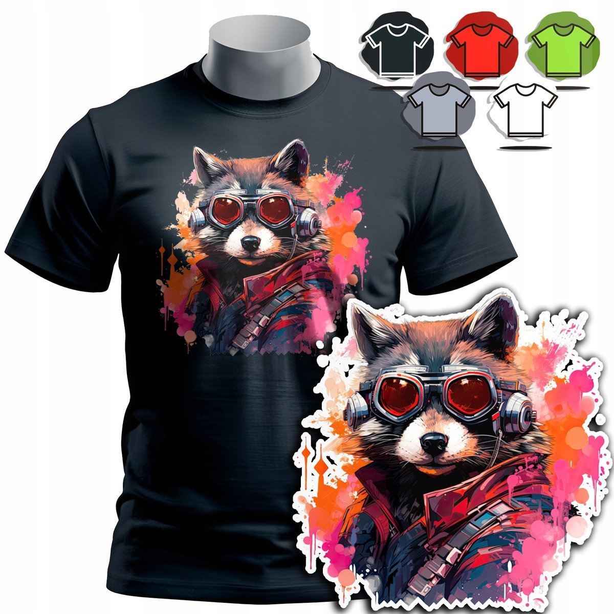 KOSZULKA T-SHIRT MĘSKI WZORY DO WYBORU - SZOP PRACZ RACCOON ZWIERZE - L