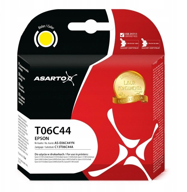 Tusz Asarto Do Epson T06C44 C13T06C44A 70ml Yellow AS-E06C44YN