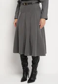 Spódnice - Szara Rozkloszowana Spódnica z Wiskozą Ozdobiona Paskiem i Plisami Fidelin - miniaturka - grafika 1