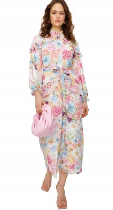TRENDYOL SUKIENKA MIDI W KWIATOWY PRINT Z FALBANAMI 40 5BA