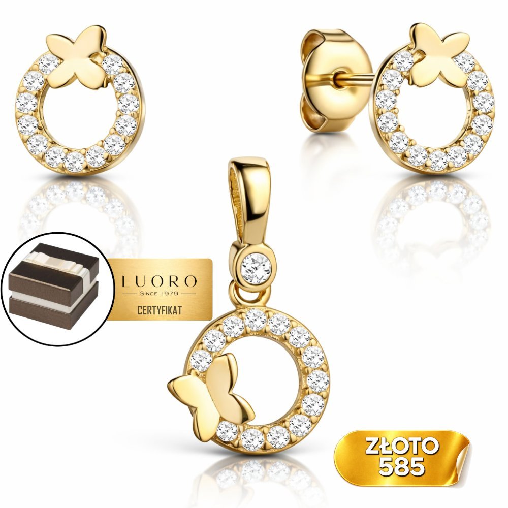 KOLCZYKI ZŁOTE 585 14K MOTYLEK W KÓŁKU Z CYRKONIAMI ZAWIESZKA 1,4 CM