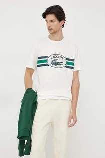 Koszulki męskie - Lacoste t-shirt bawełniany kolor beżowy z nadrukiem - grafika 1