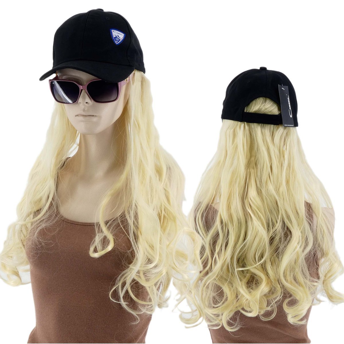 DAMSKA CZAPKA Z DASZKIEM PERUKĄ DŁUGIE KRĘCONE WŁOSY DŁUGOŚĆ 40CM BLOND