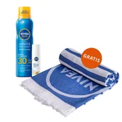 Balsamy i kremy do opalania - Zestaw Nivea Sun Protect & Dry Touch, balsam do opalania w aerozolu, SPF 30, 200 ml + serum do twarzy 2w1, SPF 50+, 30 ml + ręcznik plażowy gratis - miniaturka - grafika 1