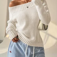 Swetry damskie - TEMU Damski Sweter z Asymetrycznym Dekoltem i Długim Rękawem w Jednolitym Kolorze - miniaturka - grafika 1