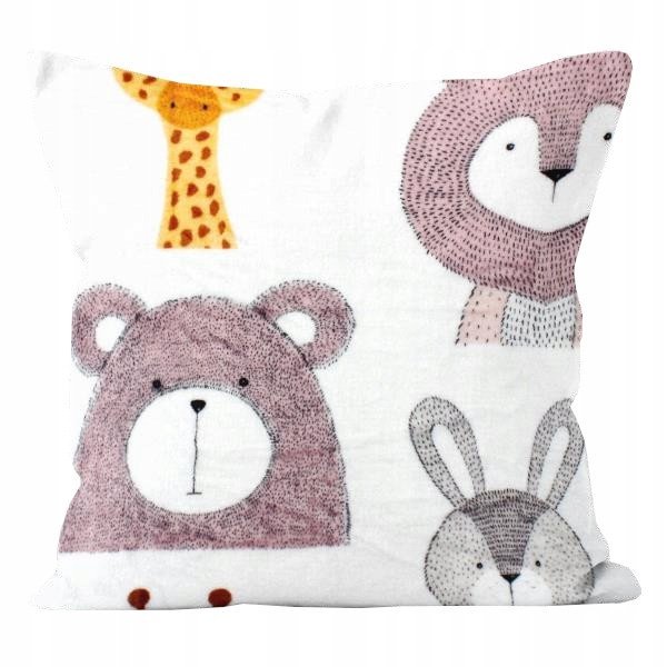 POSZEWKA NA PODUSZKĘ 40x40 CM MIKROFLANELA DZIKIE ZWIERZĘTA MIŚ ŻYRAFA LEW