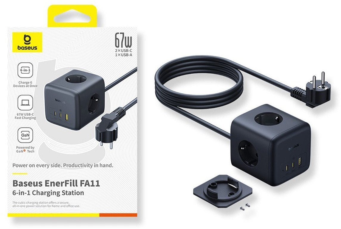 Listwa zasilająca Baseus EnerFill FA11 67W kostka USB-A + USB-C + 3 x gniazdo EU 1,5m - czarna 6932172687526