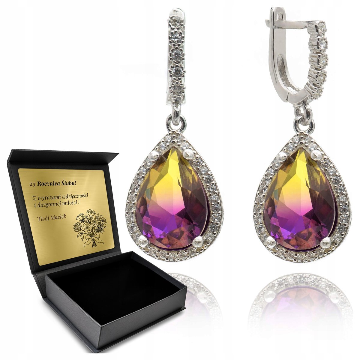 Kolczyki Srebrne 925 Cyrkonie I Ametryn Biżuteria Dla Kobiety + Grawer
