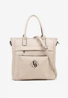 Torebki damskie - Ciemnobeżowa Torebka Shopperka z Metaliczną Aplikacją i Dodatkowym Paskiem na Ramię Idalenna - miniaturka - grafika 1