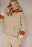 Bluzy damskie - Beżowa Bawełniana Bluza z Kapturem i Wstawkami z Polaru Qilin - miniaturka - grafika 1