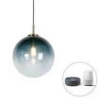 Lampy sufitowe - QAZQA Inteligentna lampa wisząca z mosiądzu i niebieskiego szkła oceanicznego 33 cm z Wi-Fi ST64 - Pallon - miniaturka - grafika 1