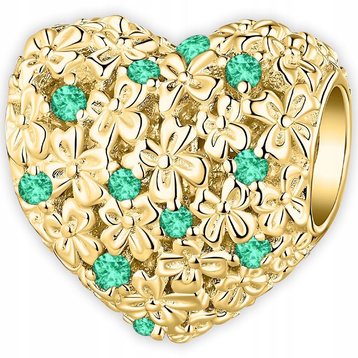 Złoty Charms Serce z Kwiatami Zielone Cyrkonie Kwiat Miłość SREBRO 925