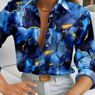 Koszule damskie - TEMU Elegancka Damska Koszula z Marmurowym Nadrukiem - Długi Rękaw, Zapinana na Guziki z Kołnierzykiem, Poliestrowa Tkanina, Niebiesko-Złoty - miniaturka - grafika 1