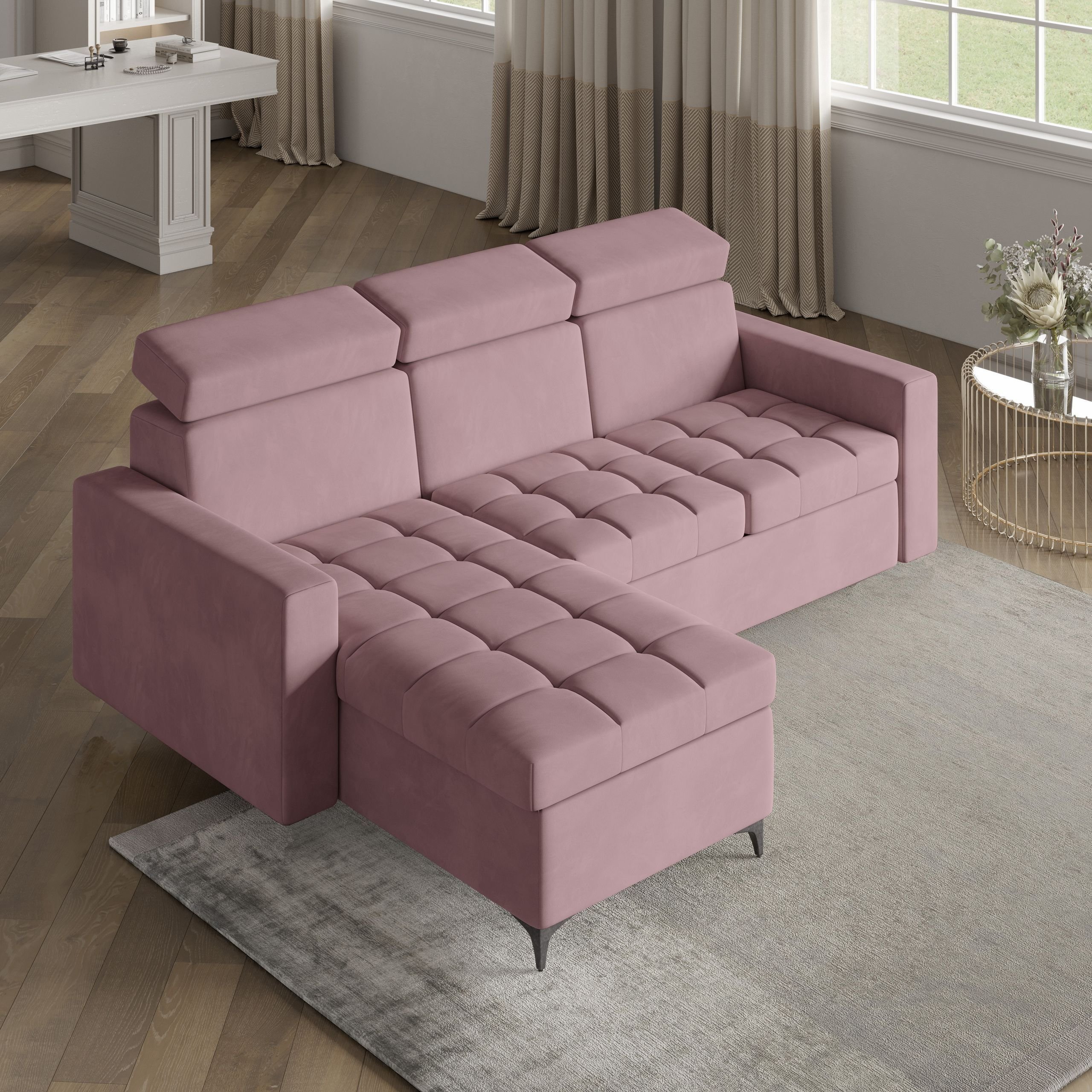 Masseno Narożnik KAME z funkcją spania i pojemnikiem na pościel Kształt L, Rozkładana sofa, Rogówka - Pudrowy róż, KRONOS 27