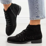 Botki damskie - Czarne wiosenne zamszowe ażurowe botki damskie S.Barski 185 - S.BARSKI - miniaturka - grafika 1