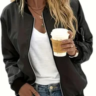 Kurtki damskie - TEMU Youduomi Elegancka Kurtka Damska z Kołnierzem Stojącym i Kieszeniami na Zamek – Jednokolorowa Kurtka Wiosenna/Jesienna, Rękawy Długie, Lekka, - miniaturka - grafika 1