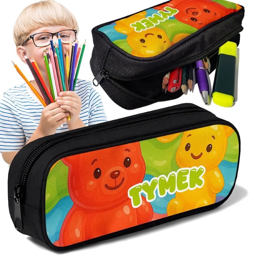Piórnik TUBA + IMIĘ Żelki Misie Słodkości Personalizowany Szkolny Prezent