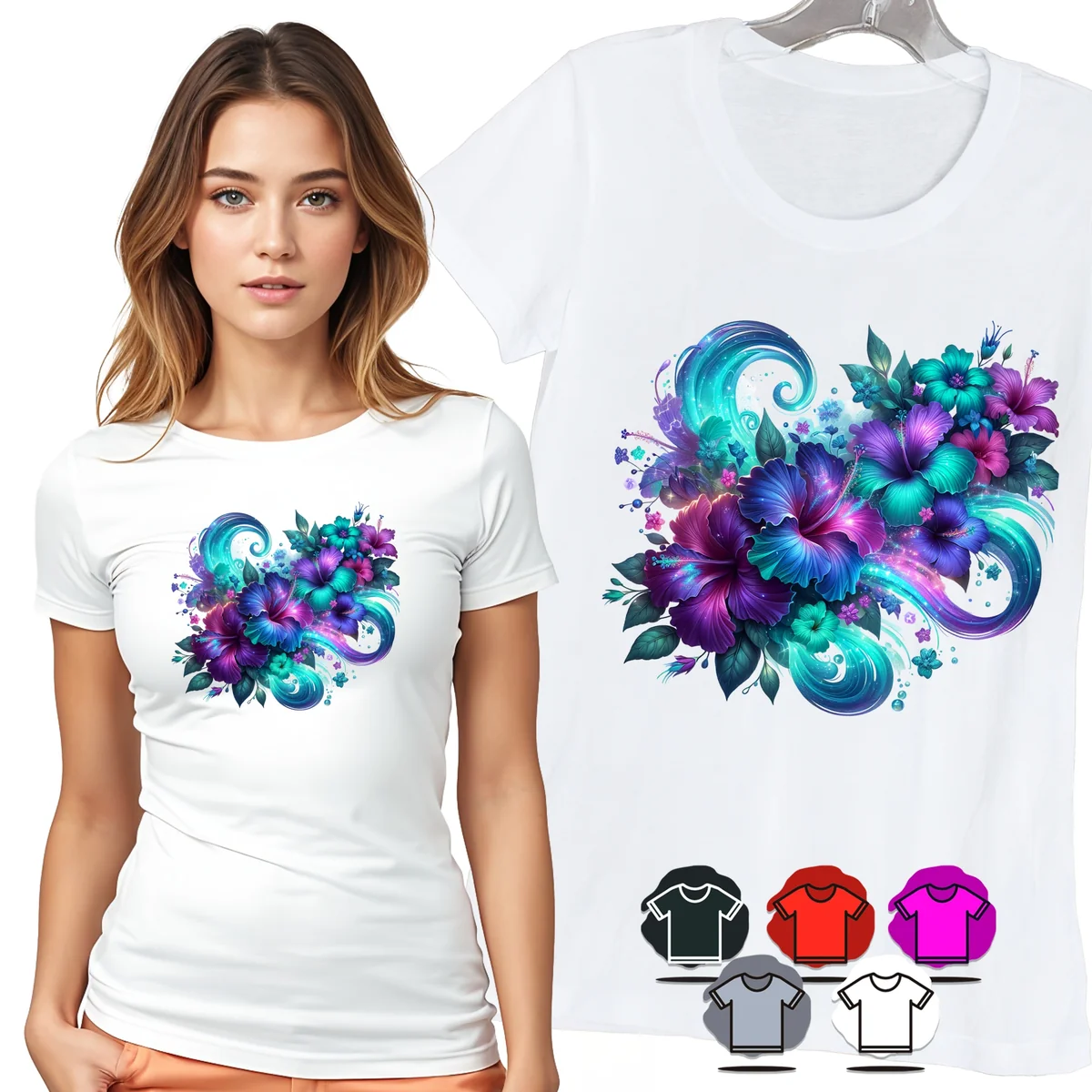 KOSZULKA DAMSKA T-SHIRT - KWIATY TURKUS FIOLETOWE FALE WZÓR DAMSKI - M
