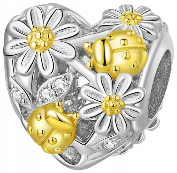 Charms Zawieszka Charms Srebro 925 Serce Kwiaty Biedronki Charms Trusky
