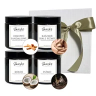 Świece - Zestaw prezentowy świece sojowe 4x120ml | DRZEWO SANDAŁOWE, KASZMIR BIAŁE PIŻMO, KOKOS, PIŻMO - miniaturka - grafika 1