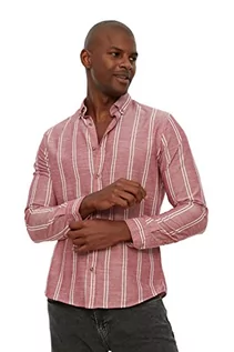 Koszule męskie - TRENDYOL Męska koszula męska z kołnierzem guzikowym, cienka koszula w paski, czerwony, M - grafika 1