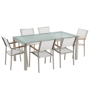 Meble ogrodowe - Beliani Zestaw ogrodowy stół szkło tłuczone i 6 krzeseł białych GROSSETO 134590 - miniaturka - grafika 1