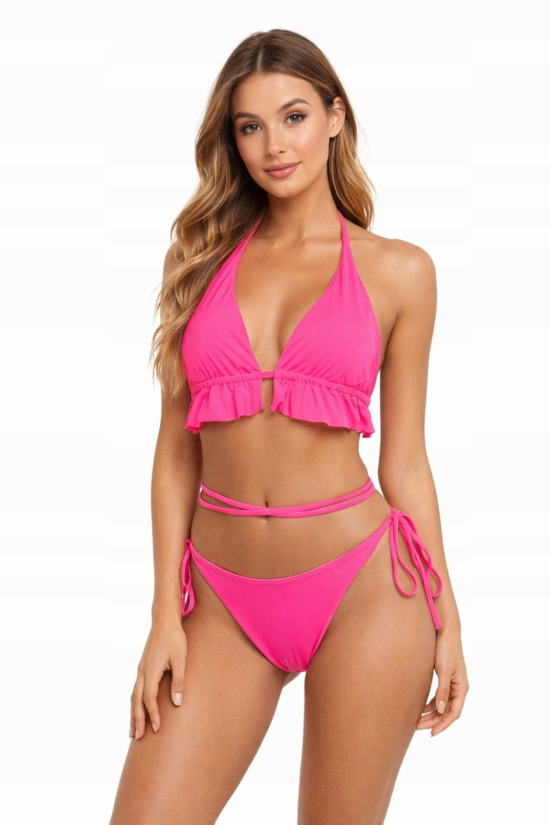 DAMSKI STRÓJ KĄPIELOWY BIKINI RÓŻOWY DWUCZĘŚCIOWY WIĄZANY MODNY