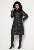 Kurtki damskie - Czarna Pikowana Kurtka za Kolano z Kapturem i Futerkiem Naelora - miniaturka - grafika 1