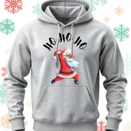 Bluzy męskie - Bluza uniwersalna typu kangurka z kapturem Ho Ho Ho Mikołaj rozmiar S jasnoszara świąteczna - miniaturka - grafika 1