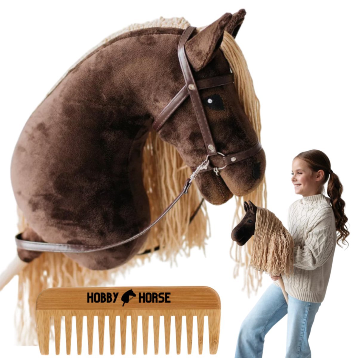 HOBBY HORSE KOŃ NA KIJU KONIK GŁOWA KONIA PATYKU Z GRZYWĄ + GRZEBIEŃ [M-HOBBYHORSE3]