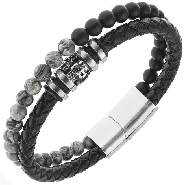 Bransoletka męska SKÓRZANA stal koraliki czaszki