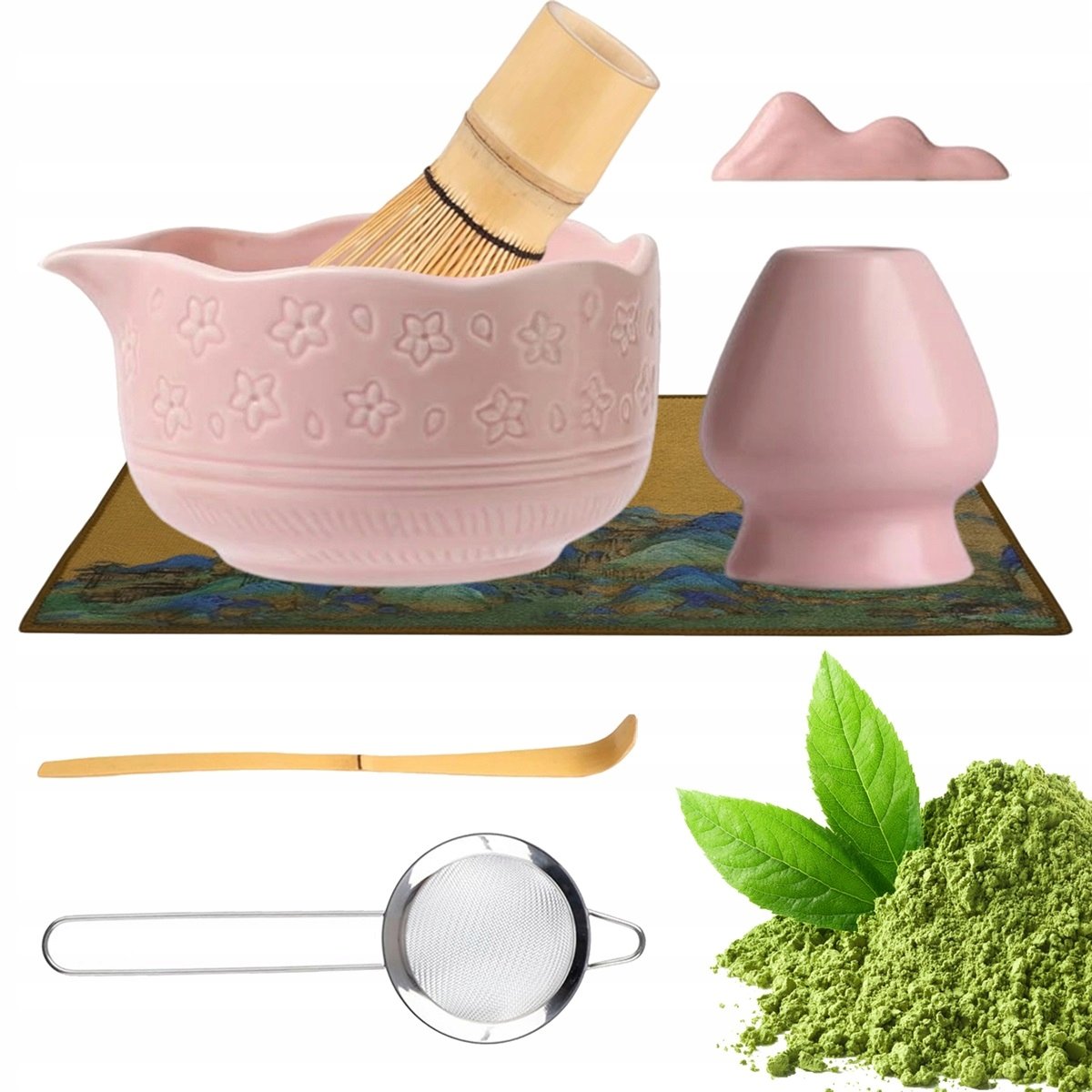 Różowy Zestaw Do Matcha Z Bambusową Trzepaczką Miską I Kompletnym Zestawem