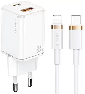 Ładowarka sieciowa Usams US-CC144 T43 USB-C+USB 33W PD3.0 QC3.0 Fast Charging biała + kabel U63 USB-C - Lightning 1.2 m biały (6958444977362) - Ładowarki do telefonów - miniaturka - grafika 1