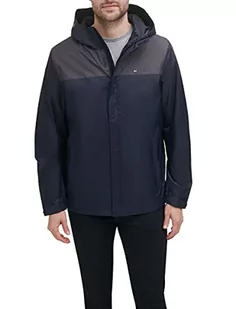 Tommy Hilfiger Męska wodoodporna oddychająca kurtka z kapturem płaszcz przeciwdeszczowy, Ciemnoszary, granatowy, XL - Płaszcze damskie - miniaturka - grafika 1