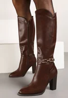 Kozaki damskie - Brązowe Kozaki na Słupku z Minimalistyczną Klamerką Vortifra - miniaturka - grafika 1