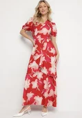 Sukienki - Czerwona Sukienka z Kopertowym Wzorem i Falbanką w Kwiaty Tdivena - miniaturka - grafika 1