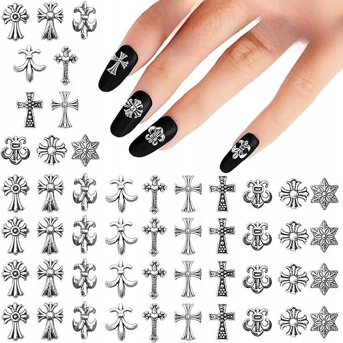 60 SZTUK CHARMS DO PAZNOKCI 3D - METALOWE KRZYŻE, GWIAZDY, SERCA - SREBRNE