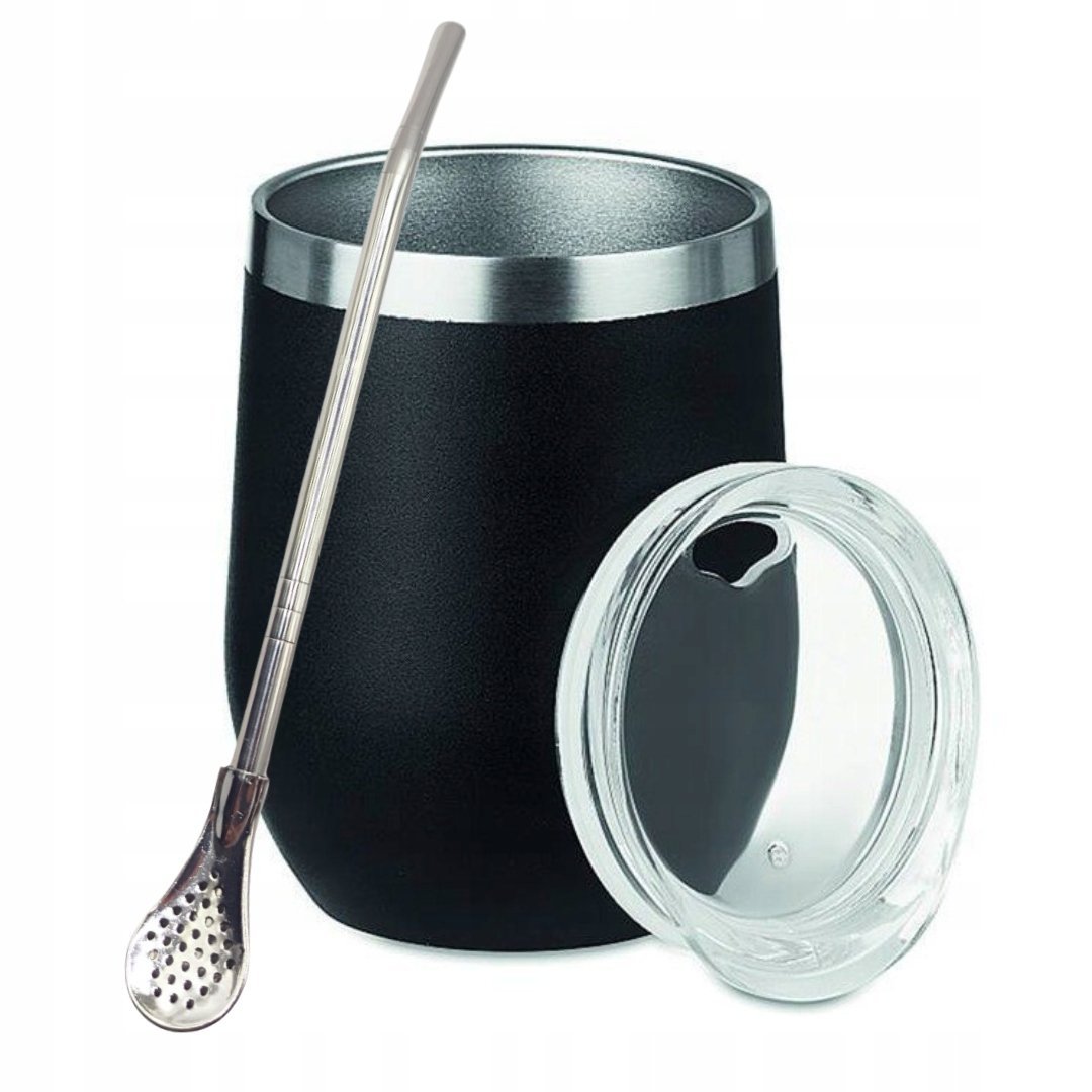 Zestaw Matero do Yerba Mate TermoLid - Czarne 350ml z pokrywką + Bombilla