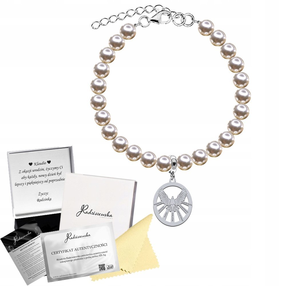Bransoletka Srebrna Duch Święty Perły Bierzmowanie 925 Prezent ŻYCZENIA