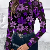 Bluzki damskie - TEMU Bluzka Damska Elegancka z Długim Rękawem - Półprzezroczysty Kwiatowy Wzór Brązowo-Żółty, Elastyczna do Stylizacji Formalnych i Codziennych – - miniaturka - grafika 1