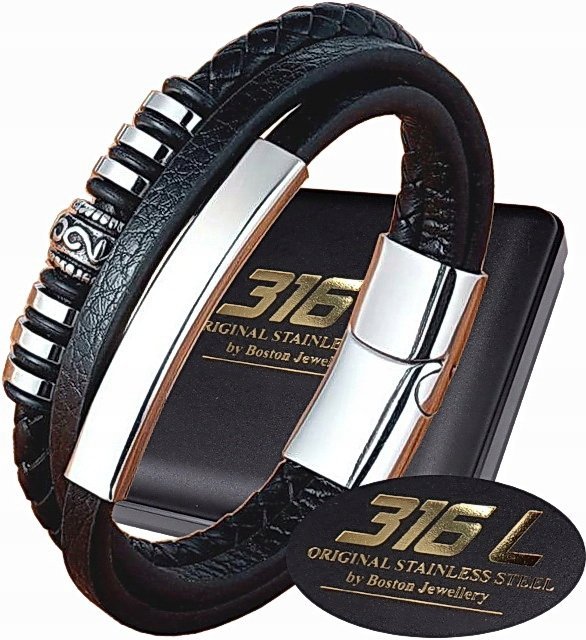 Skórzana Bransoleta Bransoletka Męska Prawdziwa Stal Chirurgiczna + Skóra