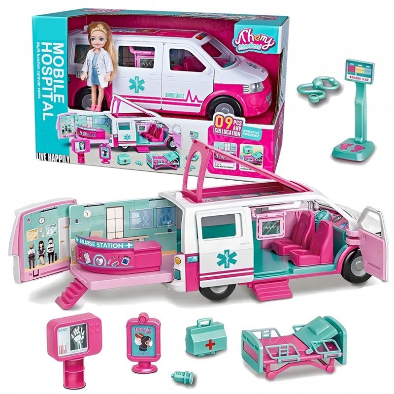 Kamper Auto Medyczne Z Akcesoriami Rozkładaną Przyczepą Oraz Lalką