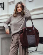 Torebki damskie - Torba skórzana zamszowa shopper z kieszeniami -ciemny brąz - miniaturka - grafika 1