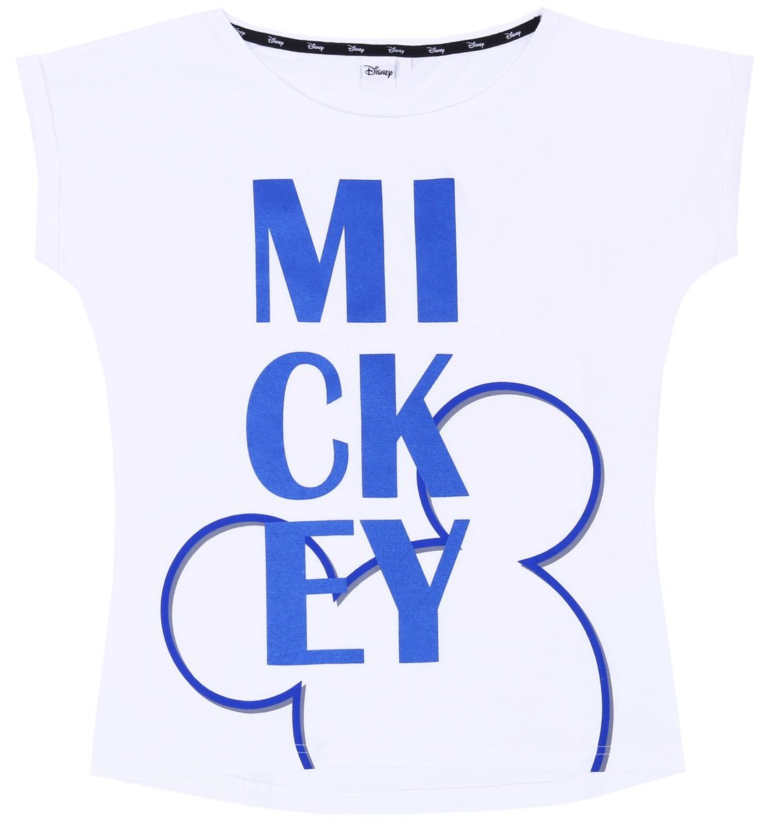 Biały, damski t-shirt z niebieskim nadrukiem mickey l