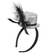 Moda i Uroda OUTLET - Widmann Widmann 93682  opaska do włosów z mini cylindrem, złoto-czarny, rozmiar uniwersalny dla dorosłych, brokat, minikapelusz z kokardką, piórem i kamieniem ozdobnym, karnawał, impreza tematyczna 93682 - miniaturka - grafika 1