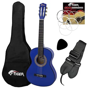 TIGER CLG4-LH-BL dla leworęcznych rozmiar 3/4 dla dzieci klasyczny zestaw gitarowy - pakiet gitarowy z torbą, zapasowymi strunami, paskiem i kostką, idealny dla dzieci w wieku 9-11 lat - niebieski - Gitary klasyczne - miniaturka - grafika 1
